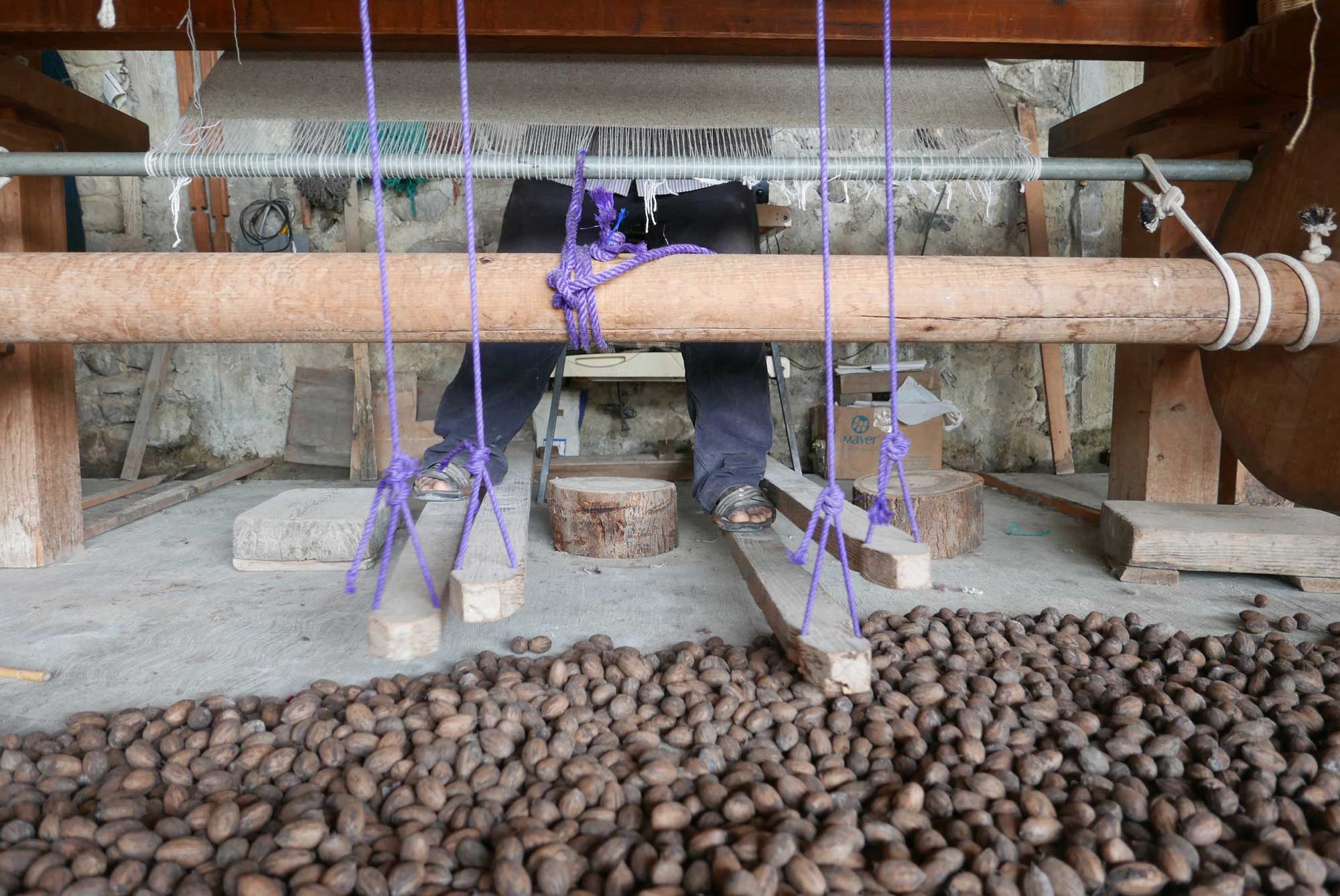 Artisan Weaving Mexican Zapotec Rug on a Foot Pedal Loom in Teotitlan de Valle Mexico